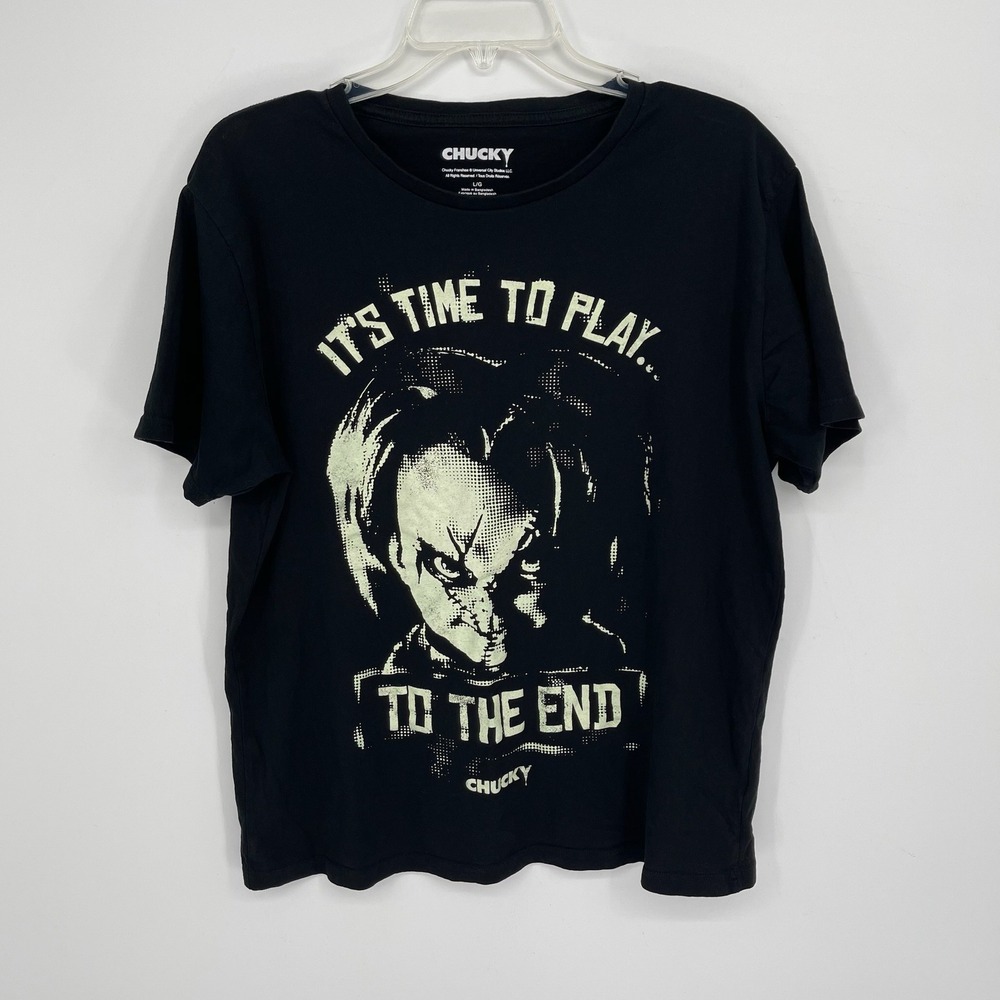 Chucky Men's Black Time To Play Horror Movie Halloween Graphic T-Shirt Size L
